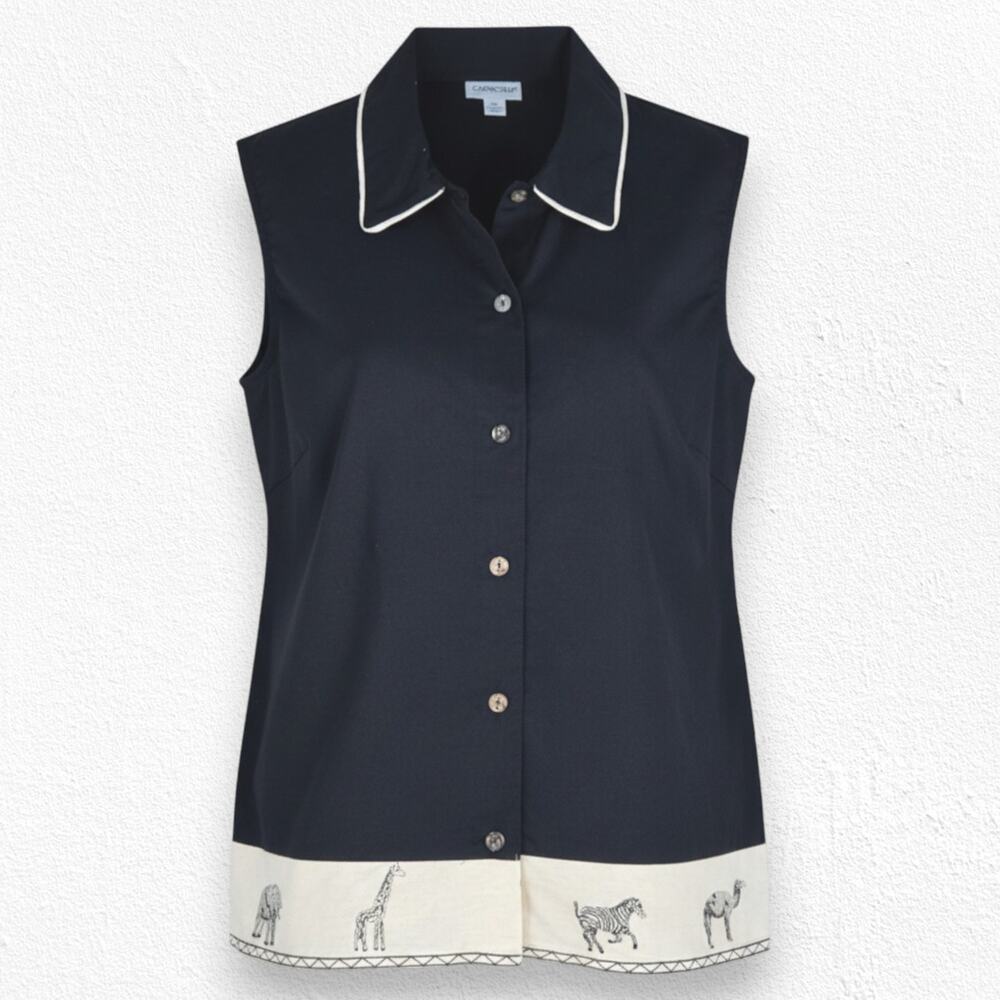 90s Vintage Black Ivory Safari Sleeveless Button Up Cabin Creek Top Size Medium